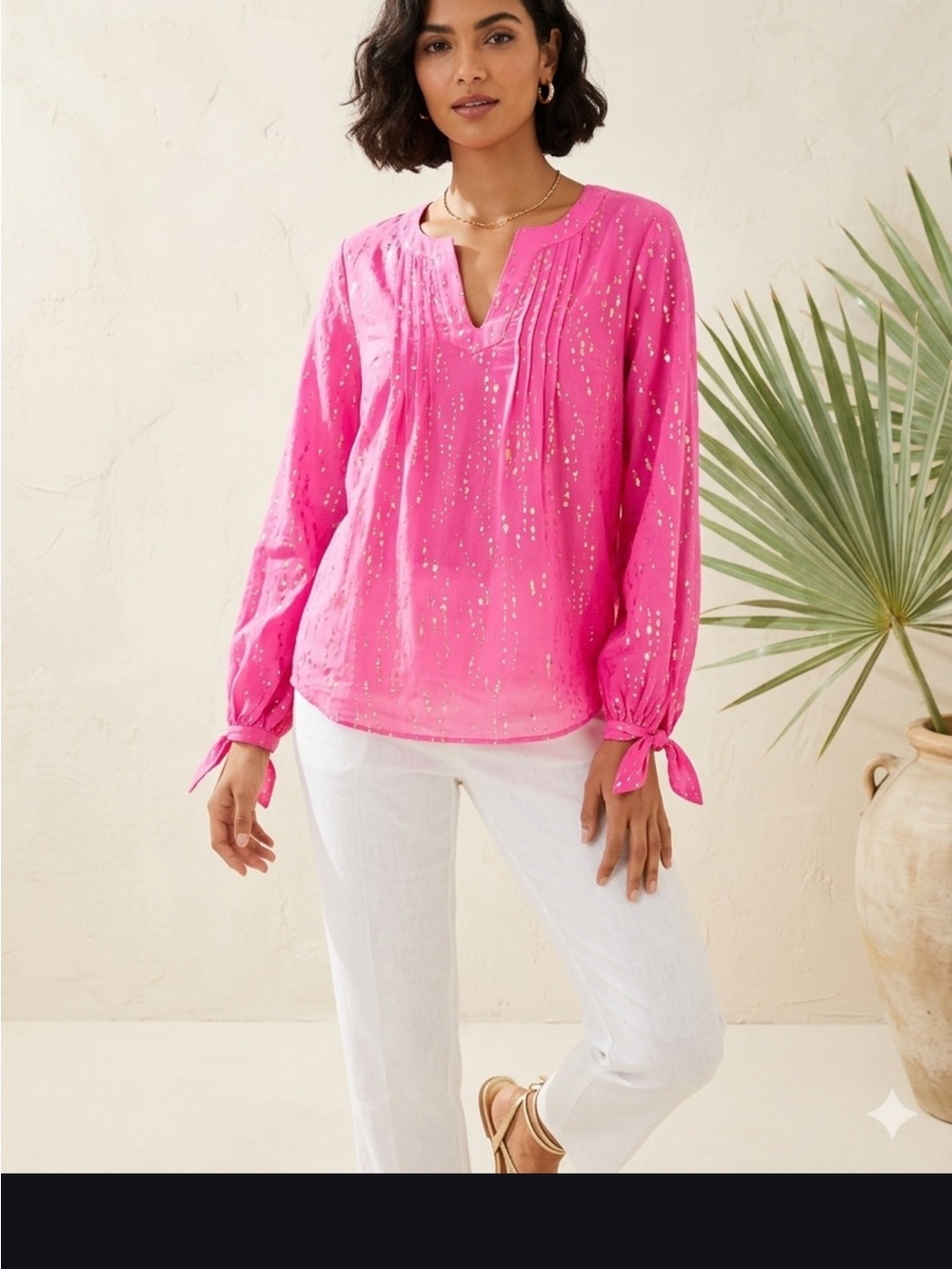 Lilly Pulitzer Hot Pink Metallic Pintuck Tie-Sleeve Blouse